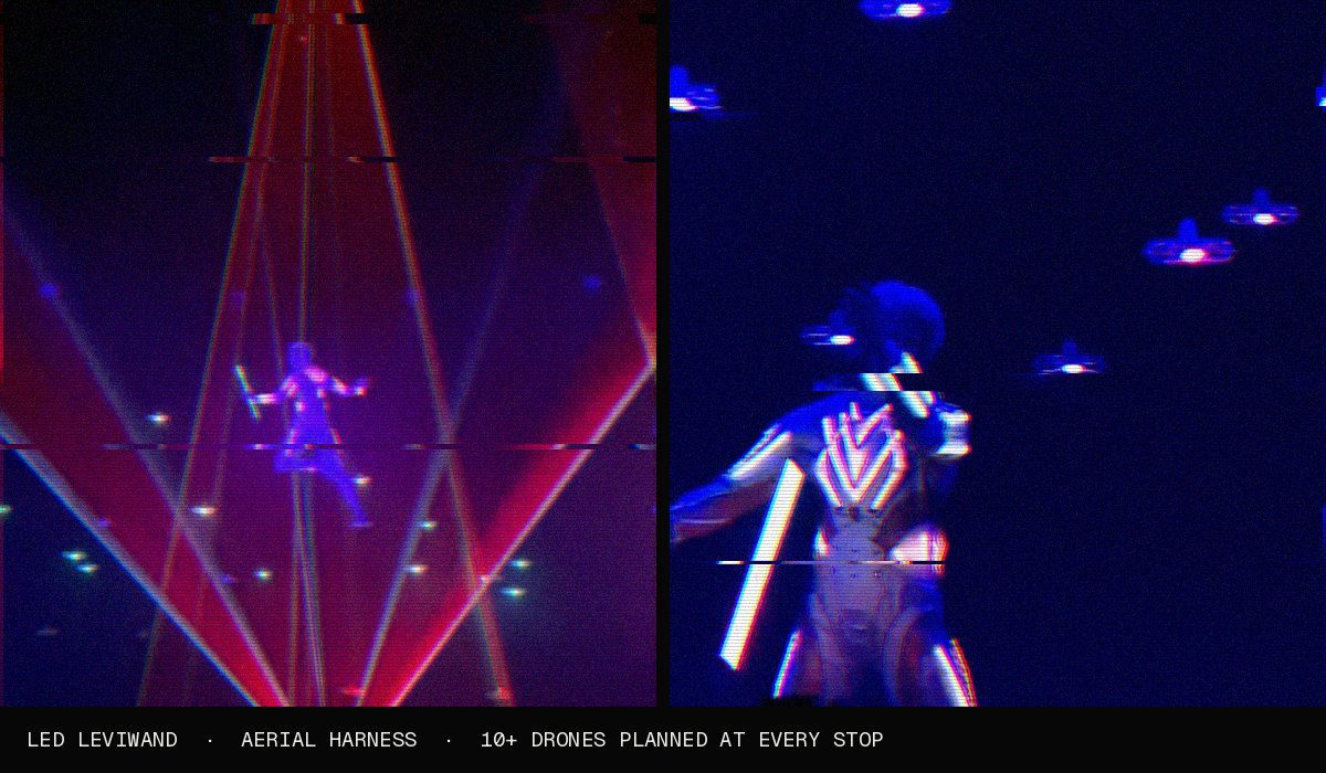 MindWorks aerial harness act with LED drones and an LED performer with drones